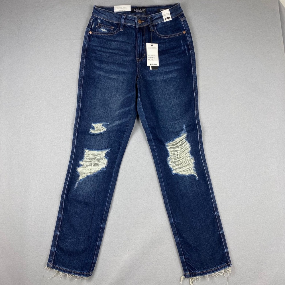 Judy Blue High Waist Straight Leg Distressed Jeans Dark Blue JB88819 DK Sz 1/25